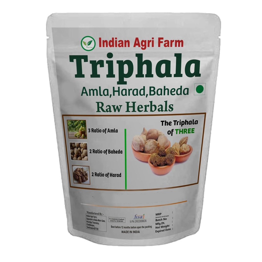 Iagrifarm Triphala Raw - 600 grams, Dry Amla (300g), Baheda (200g), Harad (100g), Ratio 3:2:1