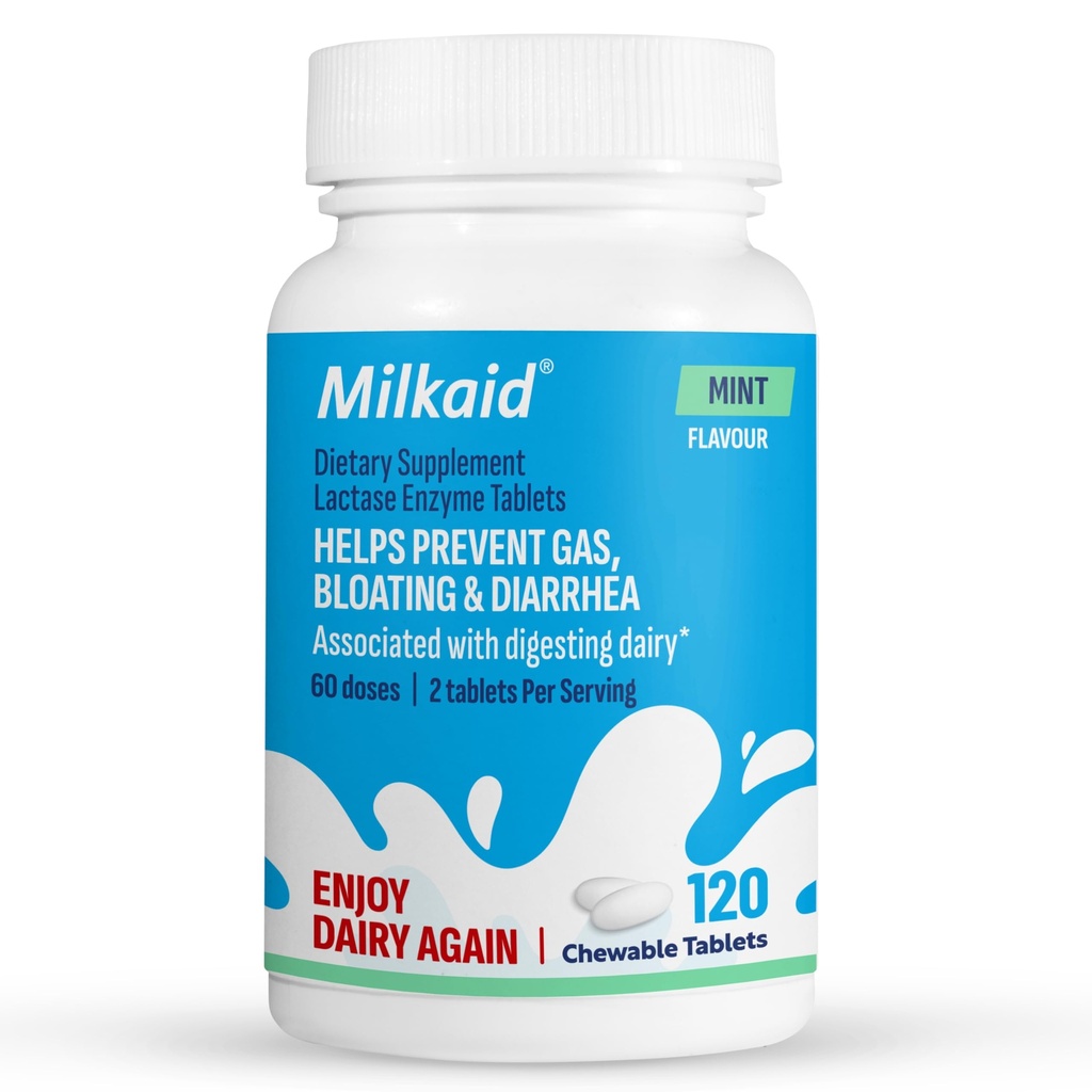 Laitaid Lactase Enzyme Comprimés à croquer pour soulager l'intolérance au lactose (120 comprimés, menthe)