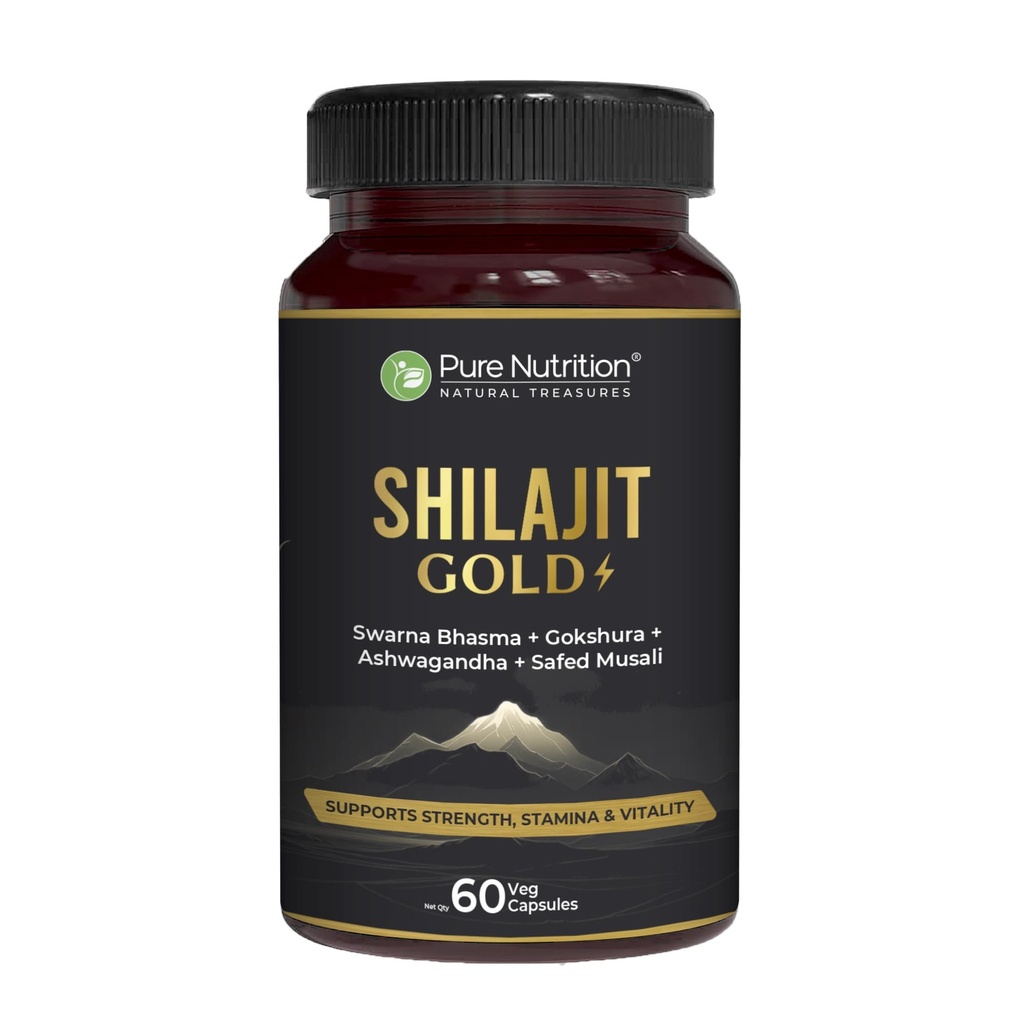 Pure Nutrition Shilajit Gold 60 Veg Capsules with Kaunch Beej, Ashwagandha, Safed Musli, Gokhru & Shatavari for Energy, Strength, Stamina & Performance | Premium Ayurvedic Supplement for Men