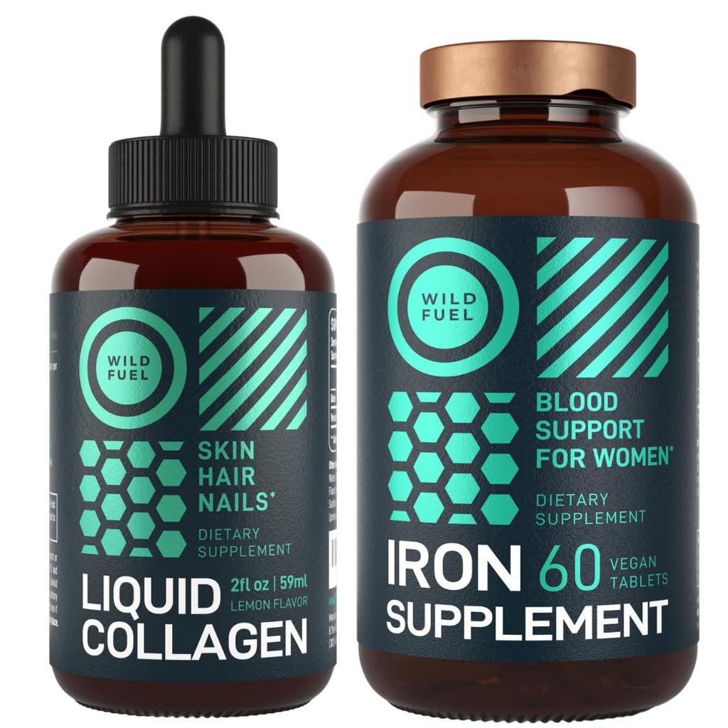 Supplément en fer WILD FUEL pour les femmes avec acide folique et peptides de collagène liquide avec biotine Santé féminine et Beauty Bundle