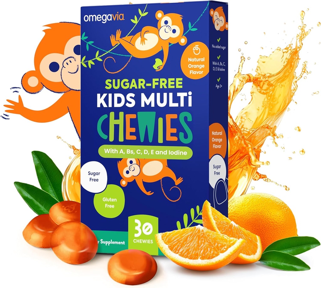 Chewies sans sucre OmegaVia pour enfants multivitamines - Vitamines gommées à croquer quotidiennes pour enfants 3+, Vitamine A, C, D3, E, B6 & B12, Folate et plus, Saveur Orange Naturel, 30 Comte