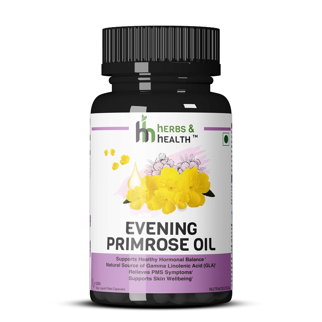 Herbs & Health Evening Primrose Oil Capsules 500 mg For Healthy Skin Supports Hormonal Balance in Women Helpful in PMS & Menopause Natural Oil Extract 30 Liquid Filled Vegetarian Capsules