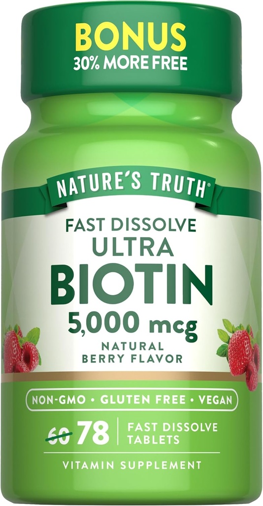 Nature's Truth Biotin 5000mcg. 78 Comprimés à dissolver rapidement.