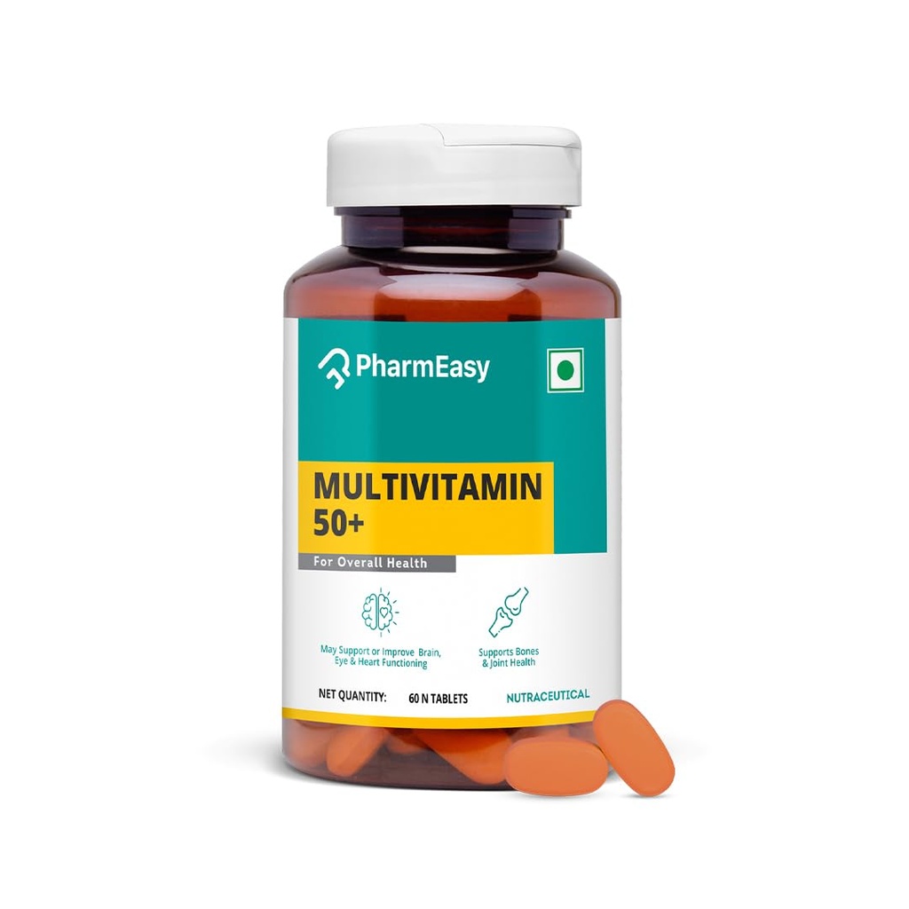 PharmEasy Multivitamin 50 Plus Age Tablets with Vitamins, Minerals, Herbal Extracts, Antioxidants, Immunity and beauty Blend for Energy, Heart, Bones and Skin Support - 60 Tablets