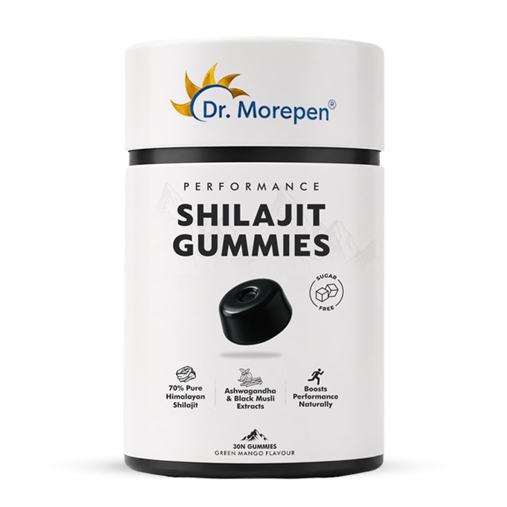 Dr. Morepen Shilajit Gummies with 70% Pure Himalayan Shilajit, Ashwagandha & Black Musli Extracts, Sugar-Free Performance Booster – Green Mango Flavour, 30 Gummies