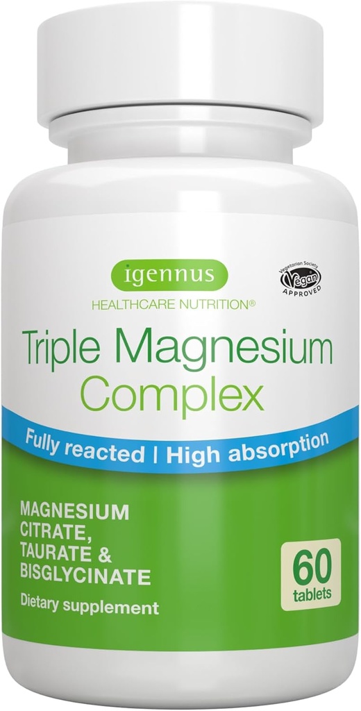 Igennus Superior Triple Magnesium Complex, Fully Reacted & Chelated Glycinate, Taurate & Citrate, Clean Label, High Bioavailability & Absorption, 60 Tablets, Vegan, Non-Buffered