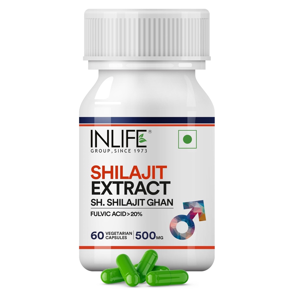 INLIFE Shilajit Extract 500mg, Energy Stamina Vitality, 60 Veg Capsules