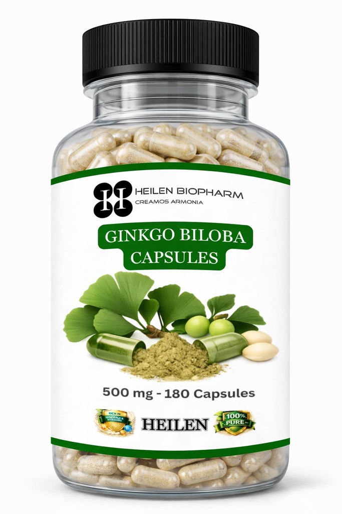 Heilen Biopharm Ginkgo Biloba Capsules 500 mg | 180 Capsules | Plant-Based Capsules | No Artificial Colours or Preservatives | Herbal Wellness Supplement