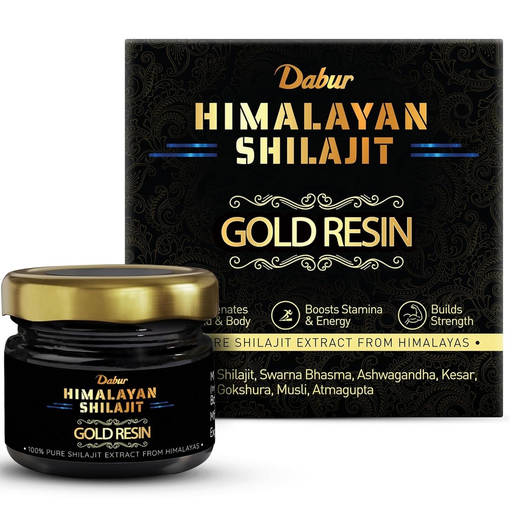 Dabur Himalayan Shilajit/Shilajeet Gold Resin - 20g | 500mg/Serving | 40 Servings | Contains 24 Karat Gold | 7 Ayurvedic Boosters | Boosts Muscle Growth & Stamina | 100% Ayurvedic