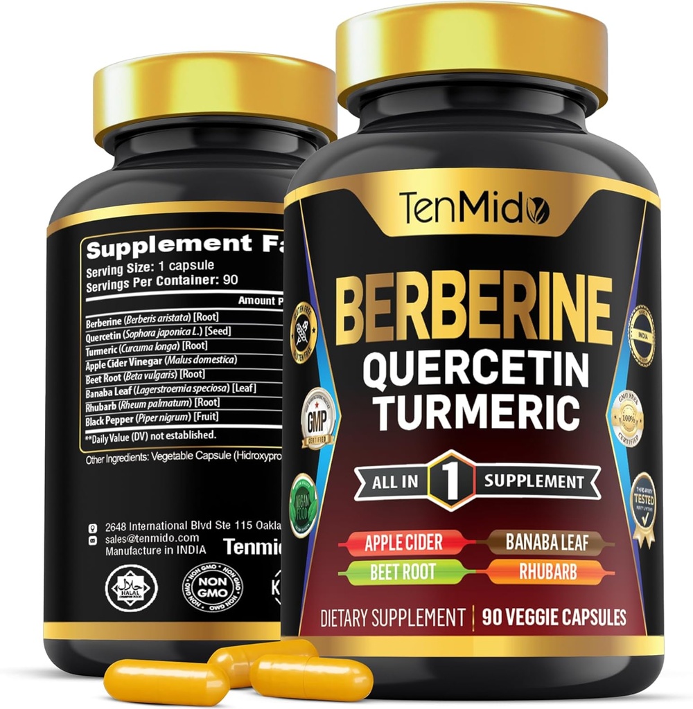 Berberine Supplement for Men and Women, 8in1 Formula with Quercetin, Turmeric, Apple Cider Vinegar, Beet Root & More - Digestive, Immune Support - Rich in Nutrient - 90 Capsules