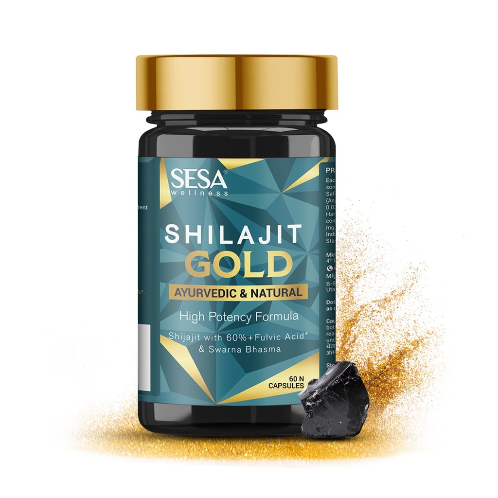 SESA Shilajit Gold 60 Capsules with 60%+ Fulvic Acid 100% Natural Ayurvedic Shilajit Extract Helps Boost Stamina & Strength, 60 Capsules