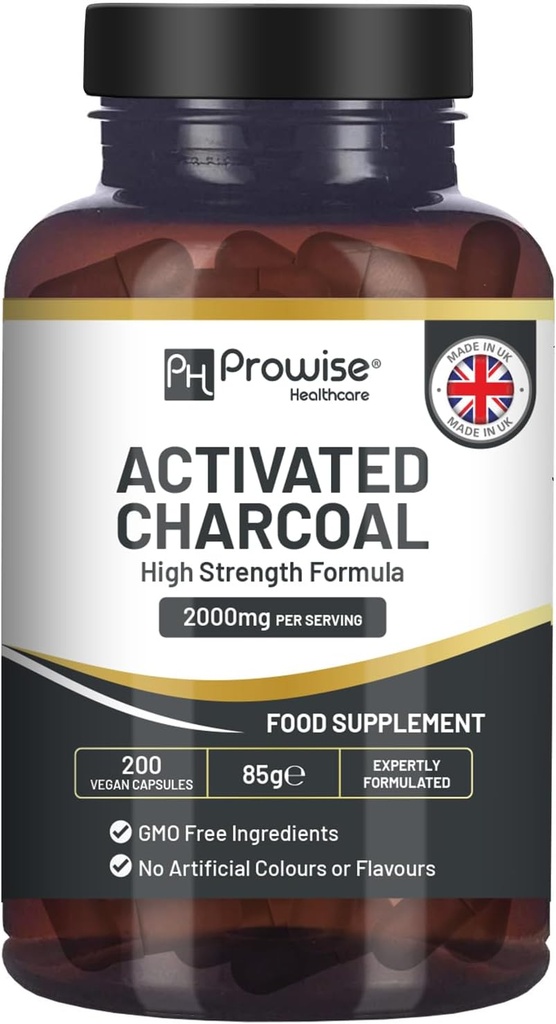 Activated Charcoal Capsules - 200 High Strength Vegan Capsules- 2000mg per Serving I Made in The UK by Prowise Healthcare