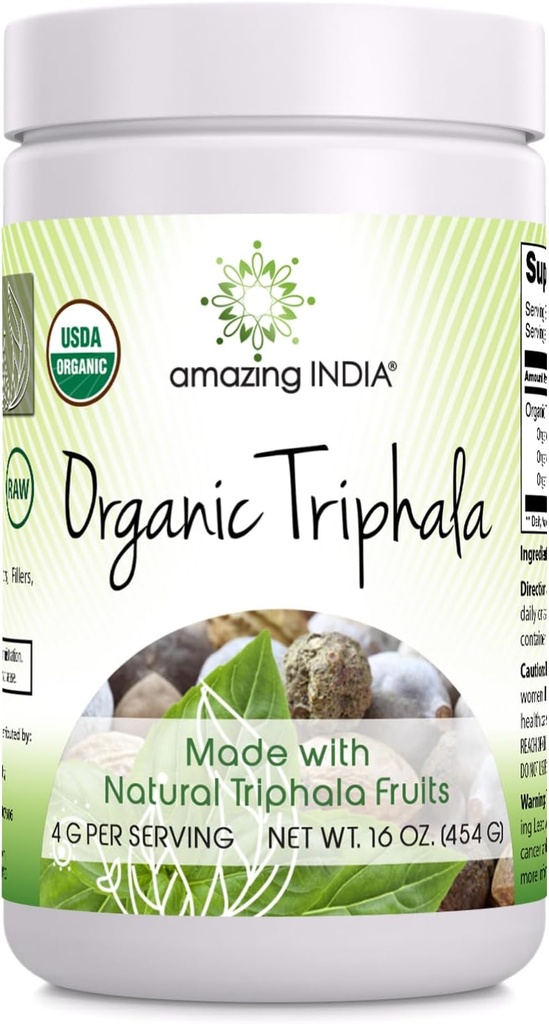 Amazing India Bio Triphala 16 Oz Poudre de 113 portions Supplément à base de plantes naturelles