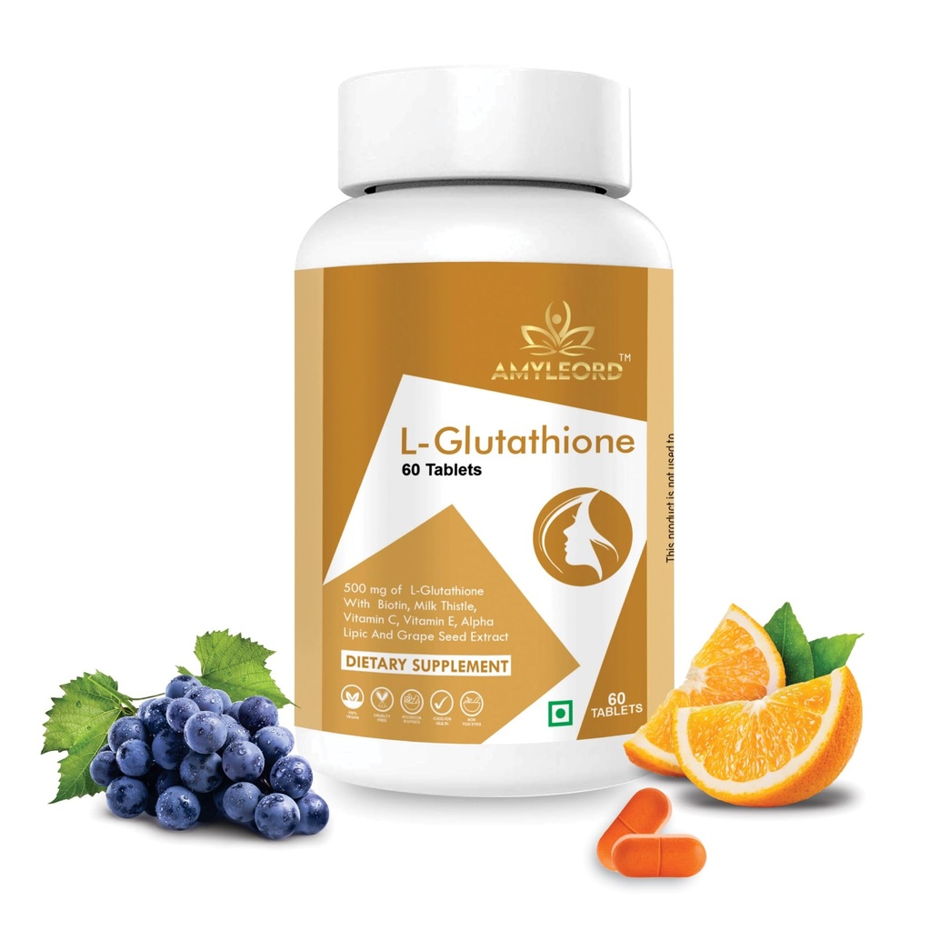 L - Glutathione Tablets 1000mg with Vitamin C & E, Biotin, Milk Thistle, Grape Seed Extract for Help to Skin Glow and Hydration - 60 Tablets (Golden White)