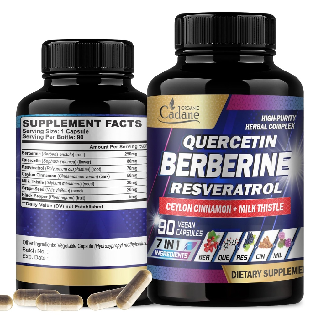 Organic Cadane 7in1 Pure Berberine Supplement with Quercetin, Ceylon Cinnamon, Resveratrol, Milk Thistle, Grape Seed, and Black Pepper - 90 Capsules for 3-Month Supply - Immunity Health Support
