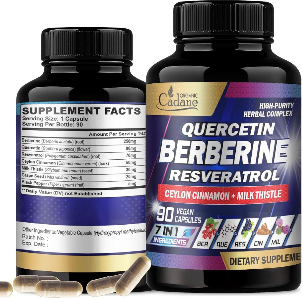 Supplément berbérique bio de Cadane 7in1 avec Quercetin, Ceylan Cinnamon, Resvératrol, Thistle de lait, Graines de raisin et Poivre noir - 90 capsules pour 3 mois d'approvisionnement - Immunity Health Support