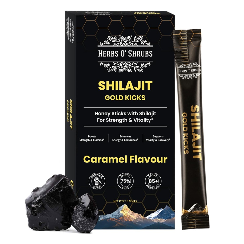 Herbs O' Shrubs Shilajit Resin Gold Kicks-40gm for Men | 5 Sticks (Pack of 1, Each 8gm) | Boost Strength | Natural Energy & Immunity Support | Ayurvedic Sheelajit Supplement with Organic Honey 7.58g & Caramel