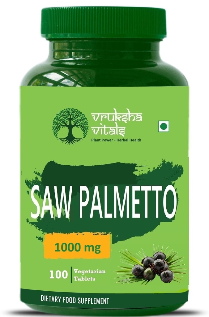 Vruksha Vitals Saw Palmetto Extract 1000 mg - 100 tablets/capsules supplement as DHT Blocker with Biotin