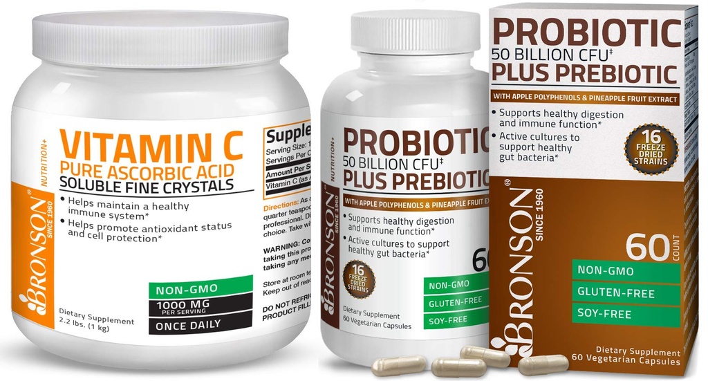 Bronson Probiotique 50 milliards CFU + Prébiotique avec des polyphénols de pomme et extrait de fruits d'ananas Vitamine C Poudre Acide ascorbique pur Soluble Fine Cristaux non OGM