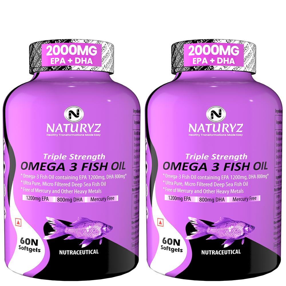 Naturyz Triple Strength Omega 3 Fish Oil with Highest Strength 2450 mg Omega 3-6-9 Per Serving(EPA 1200mg DHA 800mg)Capsule For Men & Women(Mercury Free, Preservatives Free, Anti Reflux 120 Softgels)