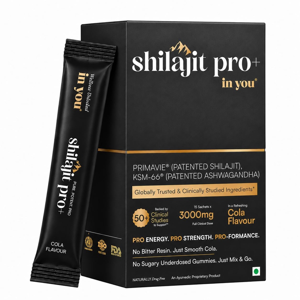 Shilajit Pro+™ in you | Patented Himalayan Shilajit PrimaVie® & Clinically Proven KSM-66® Ashwagandha Nutrition | Pro Energy, Pro Strength, Pro Focus & Pro Vitality | Full Clinical Dose | Cola Flavour