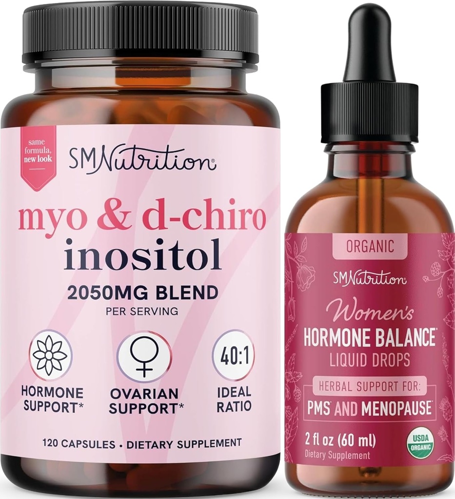 SMNutrition Herbal Hormone Balance Teinture & Myo-Inositol & D-Chiro Inositol.Hormone Balancing Bundle avec 40:1 (30 portions) et soutien du cycle liquide pour les femmes (60 portions)