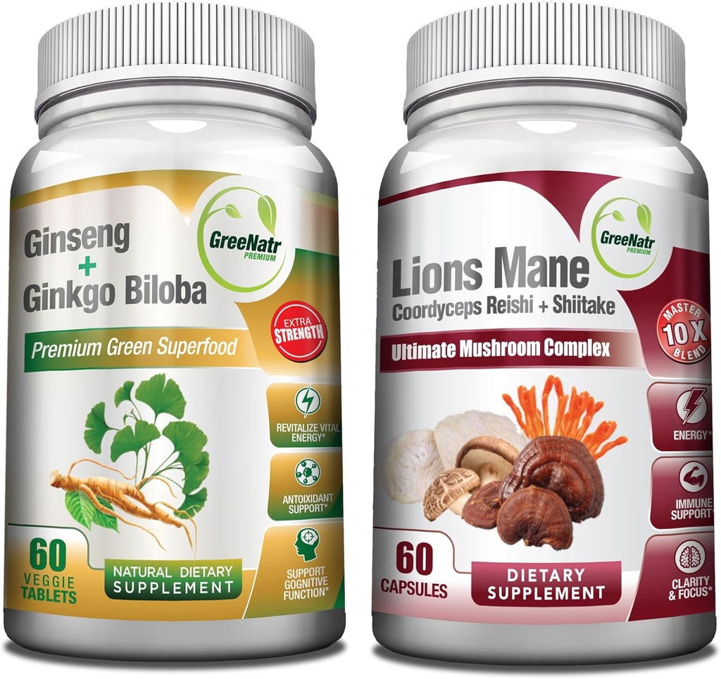 Supplément pour champignons GreeNatr, 10-en-1 Mélange avec la Manille de Lions, Cordyceps, Shiitake, Chaga, Turkey Tail, combiné avec notre énergie et le focus cerveau booster naturel de racine de Ginseng et Ginkgo Biloba