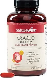 NatureWise CoQ10 200mg + Black Pepper Softgels - Coenzyme à haute absorption Q10 + Black Pepper - Antioxydant pour la santé cardiaque + énergie cellulaire - Vegan, non-OGM, sans gluten - 200 Compte[200 jours]