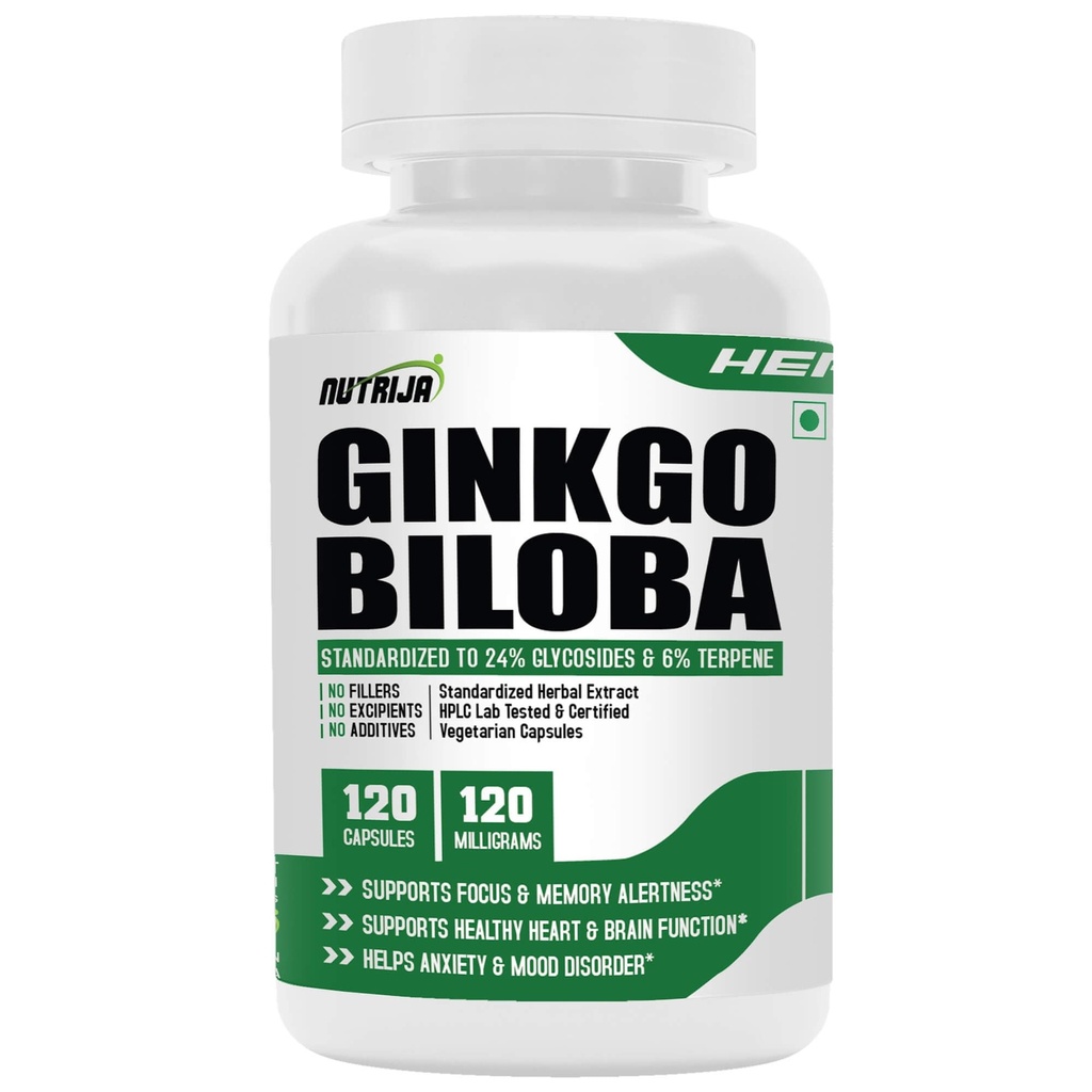 NutriJa Ginkgo Biloba Extract 120mg | Standardized to 24% Glycosides & 6% Terpene Lactones | 120 Veg Capsules | Herbal Focus and Memory Support