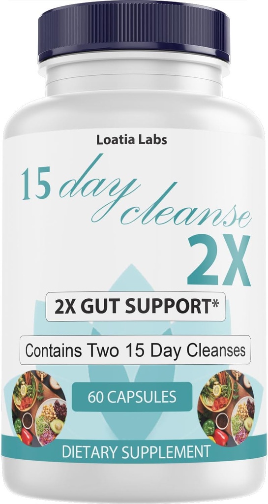 15 Day Cleanse 2X - Double Gut & Colon Support - Advanced Gut Cleanse Detox pour les femmes et les hommes avec Alfalfa, Cascara Sagrada, Probiotiques & Psyllium Husk - Non-OGM - Fabriqué aux États-Unis - 60 Capsules (1 bouteille)