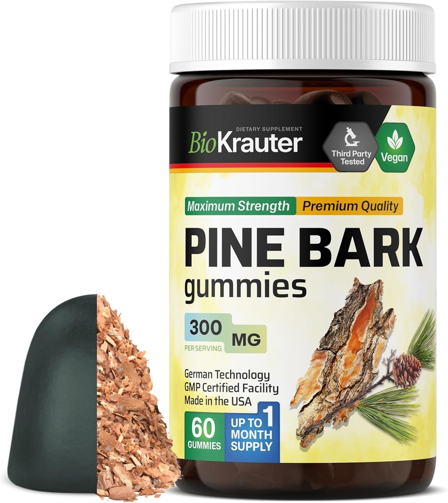 BIO KRAUTER Extract Pine Bark Gummies - 300 mg Strength - 60 Vegan Chews - French Maritime Pine Bark Extract - Supplément antioxydant - 95% Proanthocyanidines - Formule à base de pectine