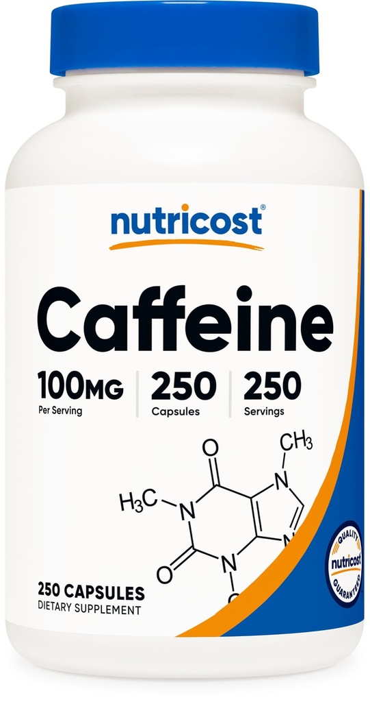 Pilules de caféine Nutricost 100mg par portion, 250 Capsules
