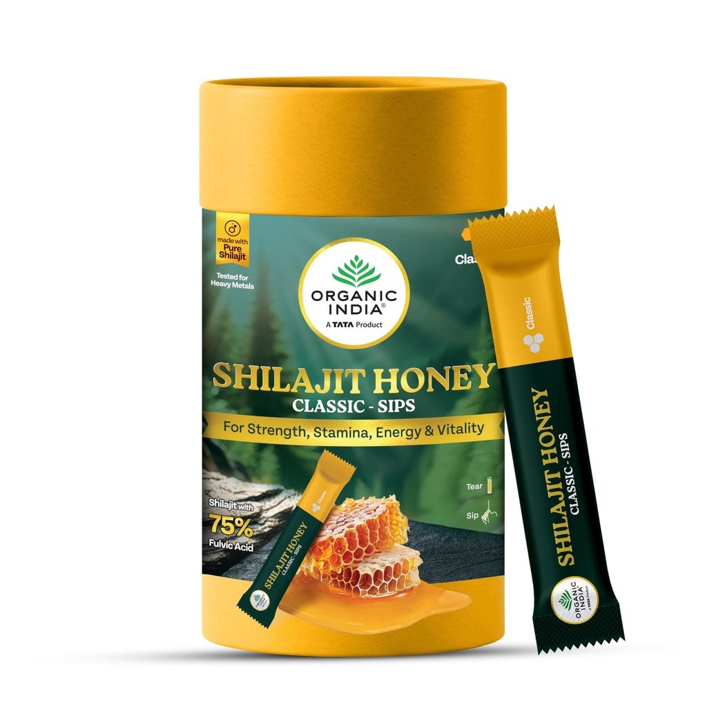 A TATA Product - Organic India Shilajit Honey Sips Classic, 30 Unit, Made with Pure Shilajit Resin, 75% Fulvic Acid, Energy, Stamina & Vitality Support, Ready to Sip Packs