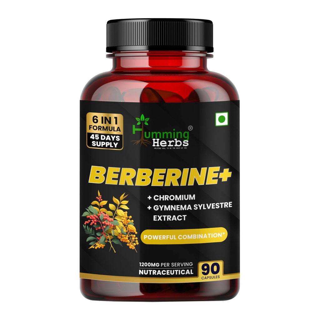 Humming Herbs Berberine+ 1200mg with Chromium, Gymnema, Cinnamon & ALA | 6-in-1 Herbal Formula | 90 Veg Capsules | 45 Days Supply | Sugar-Free & Non-GMO