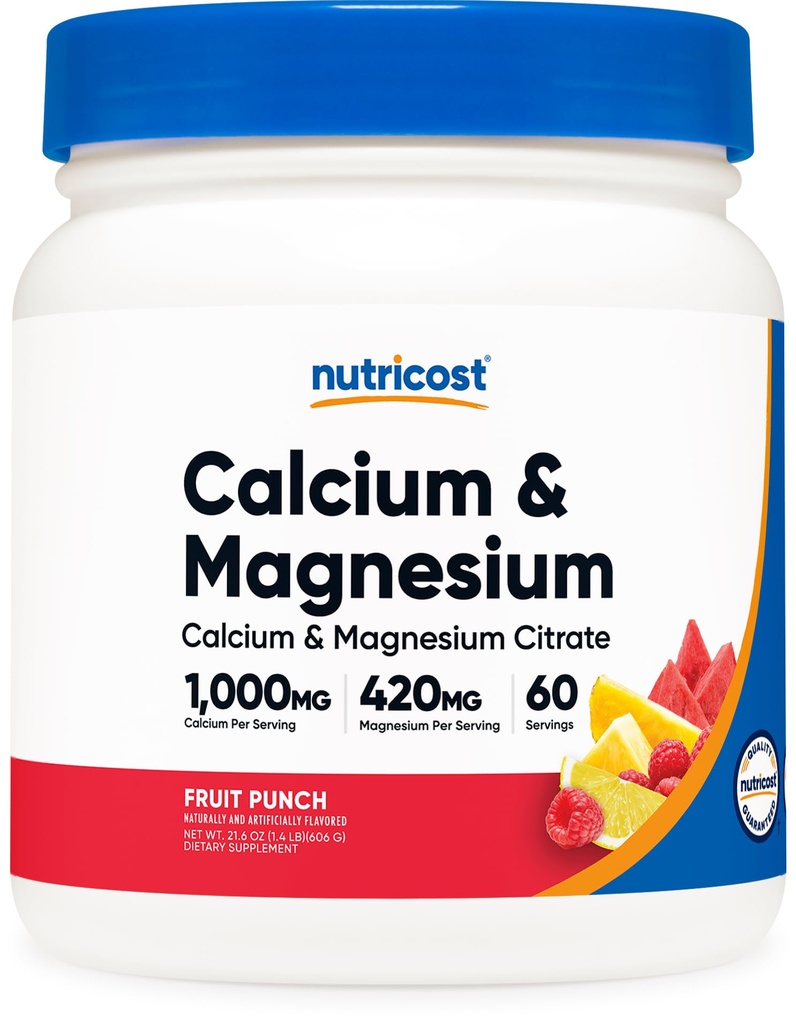 Nutricost Poudre de magnésium de calcium (Fruit Punch, 60 portions) - Soutien osseux, non OGM, sans gluten (à partir de citrate de calcium et de magnésium)