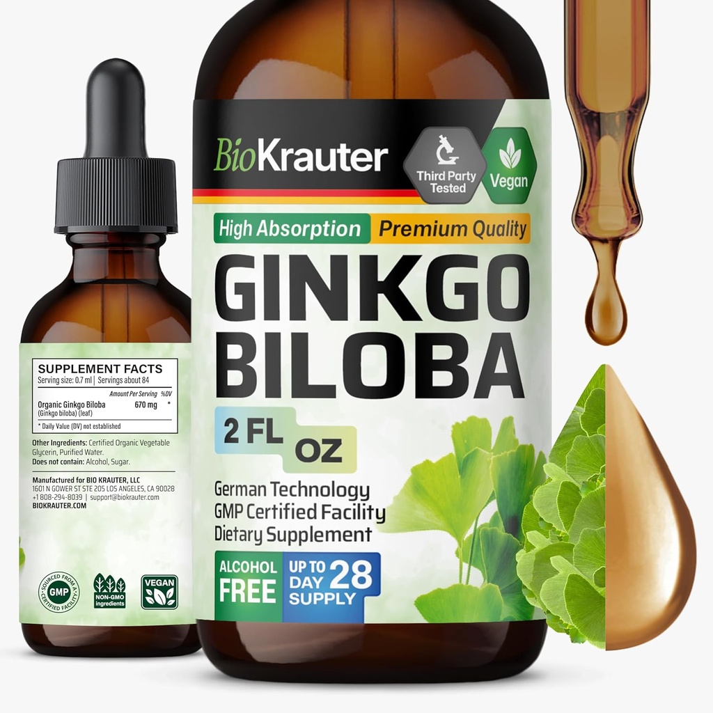 BIO KRAUTER Ginkgo Biloba Extract - Suppléments liquides Ginkgo Biloba pour cerveau - végétalien, sans alcool et sans sucre - 2 Fl Oz