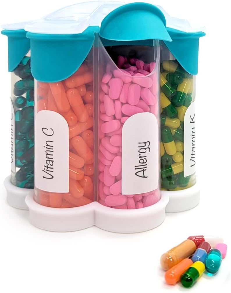 Extra Large Pill Organizer Daily, Weekly, Monthly Supplement Bouteille, Distributeur de pilules Mignon Blossom avec 7 Compartiments XL, Boîte à pilules facile à ouvrir pour les vitamines, Médicaments, Etiquettes inclus (Teal)