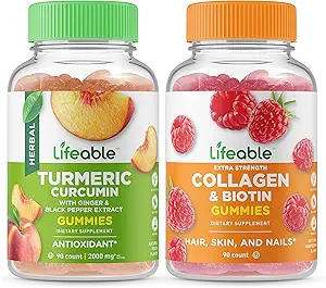 Curcumine curcuma curcuma vie + collagène et biotine, Gummies Bundle - Grande dégustation, supplément de vitamine, sans gluten, sans OGM, gummy à croquer