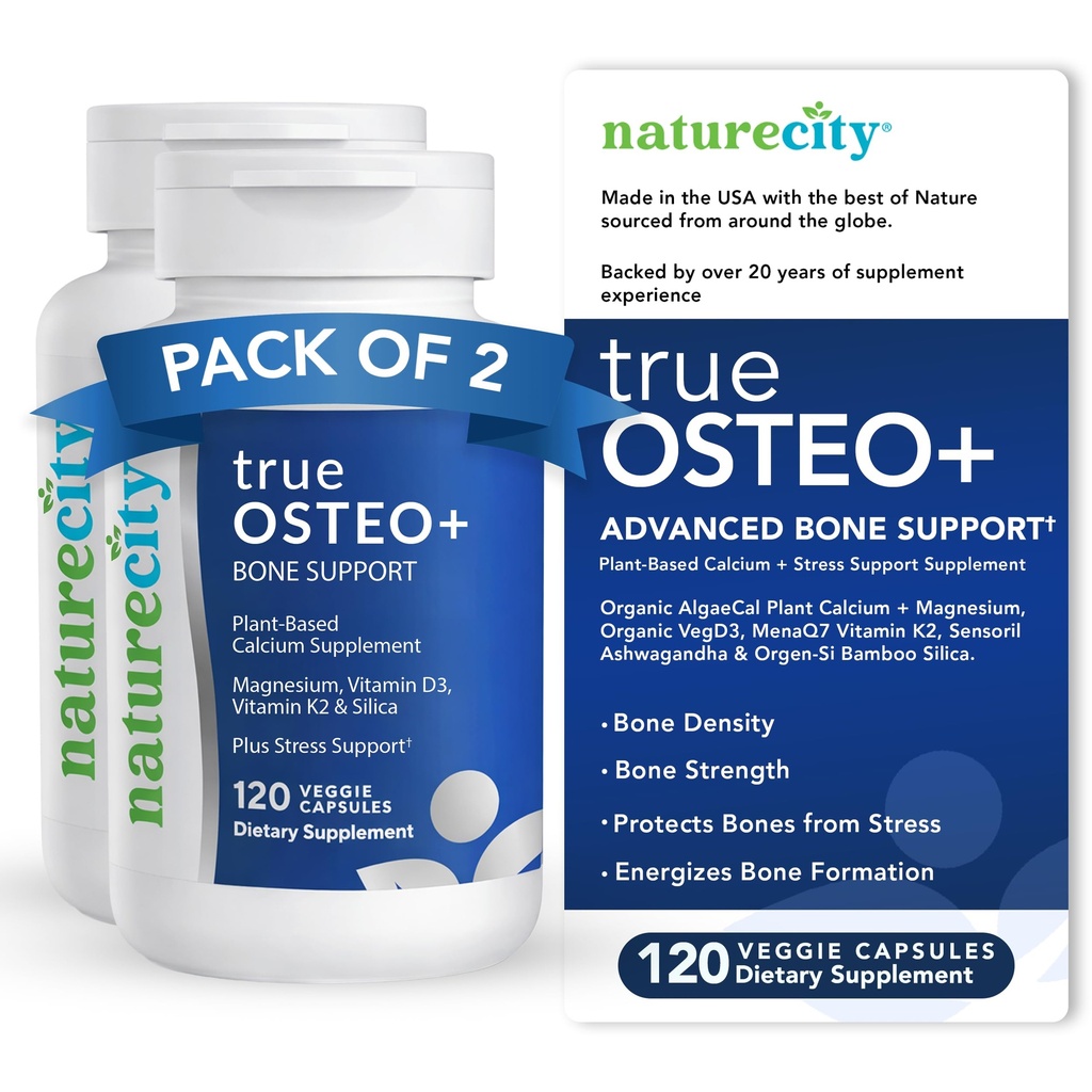 NatureCity True-Osteo+ Bone Support with Ashwagandha – for Strength & Density – Calcium à base végétale avec AlgaeCal organique, Magnésium, Vitamine D3, K2, Silicon & Stress Support