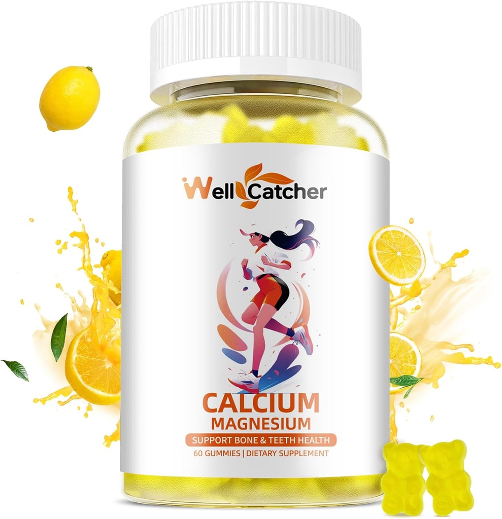 Calcium Magnésium Gommies Adultes Enfants - Sans sucre Vegan Chewable Algae Suppléments de calcium pour les femmes Hommes Soutien Plus Force osseuse avec Zinc Potassium Vitamine D3 K2 Lemon Flavor 60CT