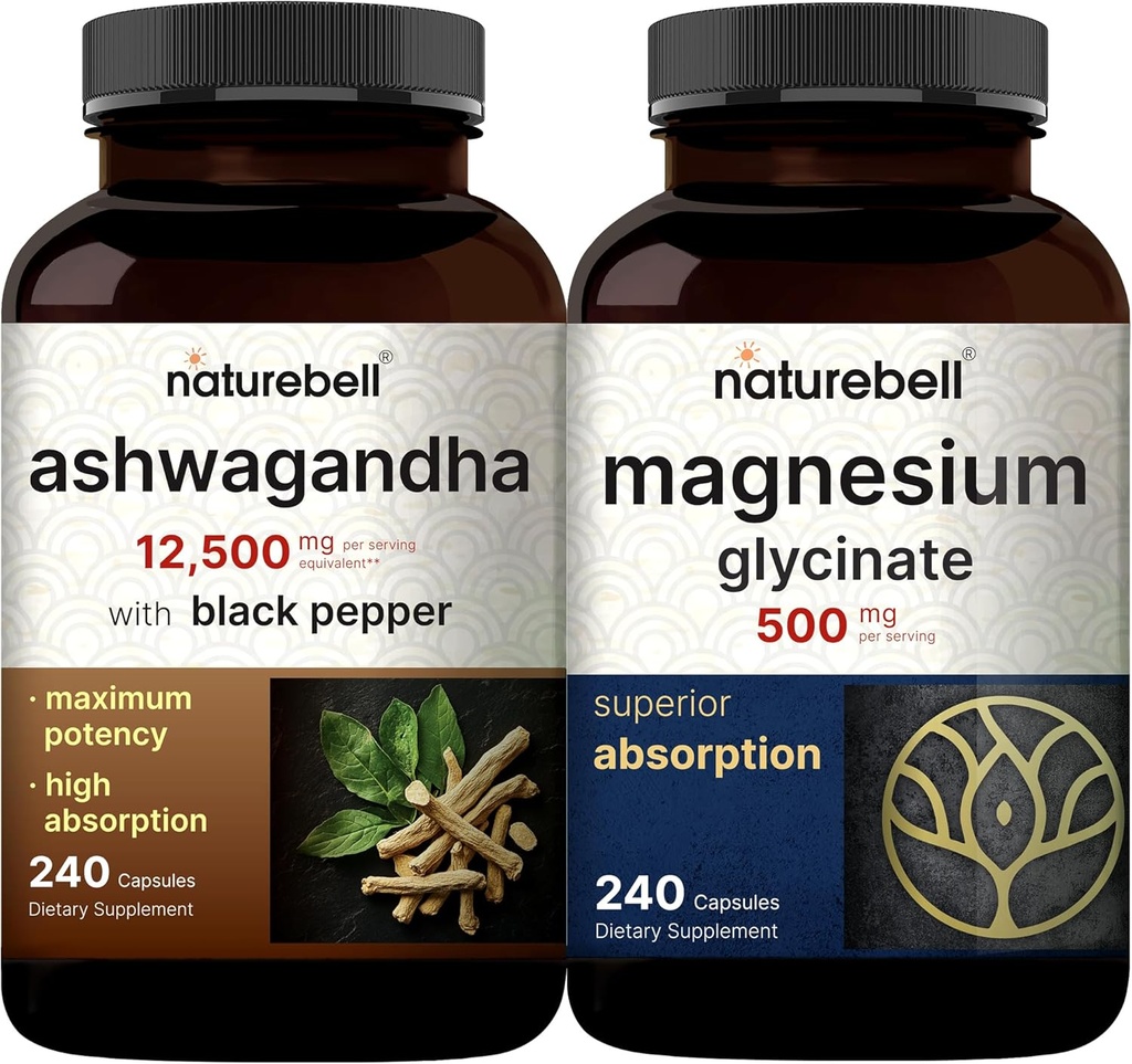 NatureBell Magnesium Glycinate Capsules 500mg & Ashwagandha 12,500 mg Equivalent with Black Pepper Bundle Pack | Chelated & Purified Mineral | Adaptogens Supplements for Relaxation