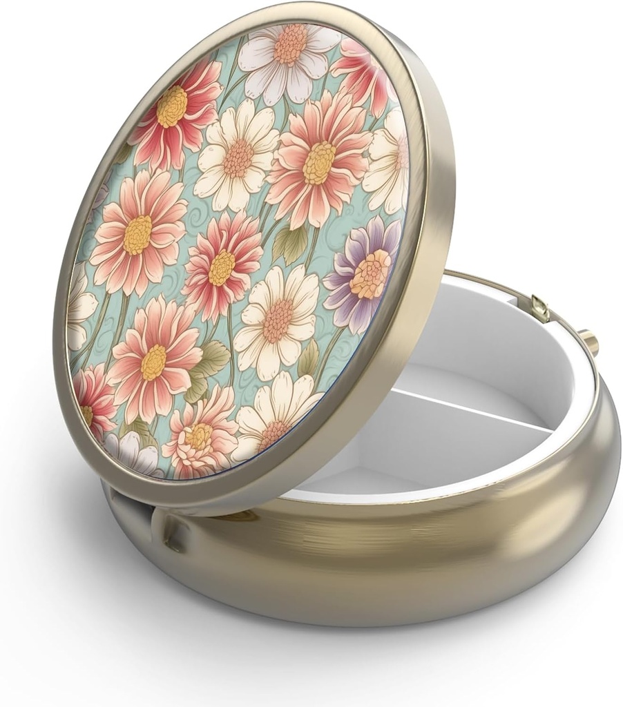 Pill Case Pill Box with Mirror Retro 3 Compartiment Small Pill Organizer for Purse or Pocket Bronze Petite Pill Box or Vitamines, Huile de poisson, Suppléments, Pill Containe Travel Gifts( Floral rétro)