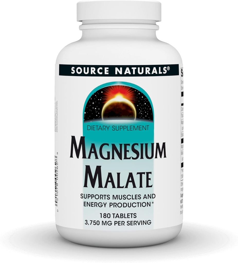 Source Naturals Malate de magnésium - 3750mg par portion - Supplément Acide de magnésium malique essentiel - 180 comprimés