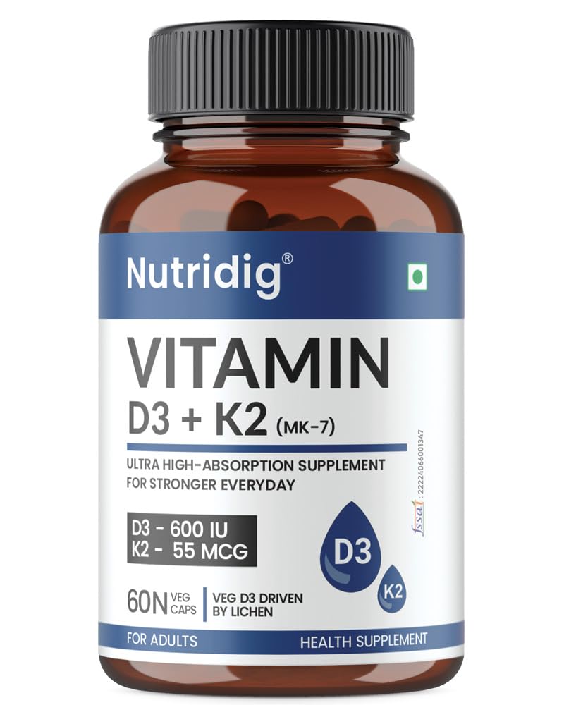 Vitamin D3 + K2 Capsules – 600 IU Vegan D3 (from Lichen) & 55 mcg K2 (MK-7) | High Absorption | Bone, Heart & Immune Health | 60 Veg Capsules