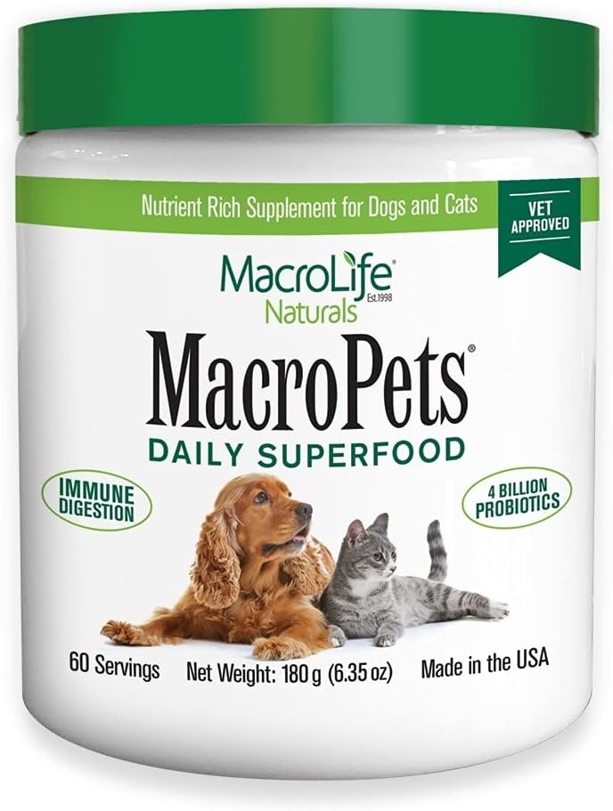 MacroLife Naturals MacroPets Verts Superfood Supplément Poudre Topper pour chat de chien Petit mammifère, nutrition naturelle Boost Probiotiques Enzymes digestifs Vitamine E - Immune Gut Santé et énergie - 6,35oz