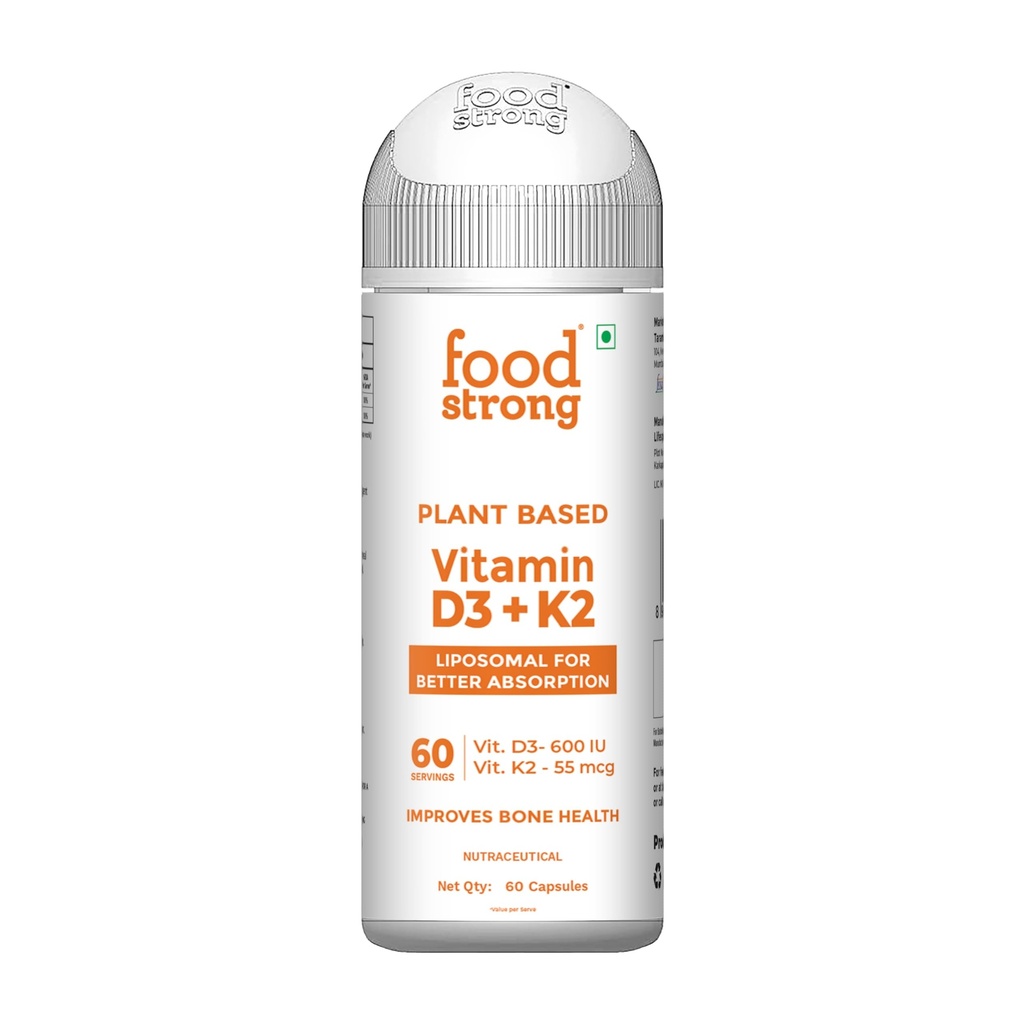 Foodstrong Plant-Based Vitamin D3 + K2 | Liposomal For Better Absorption | 600 IU D3 + 55 MCG K2 | Improves Bone Health | 60 Vegetarian Capsules| 30 Servings