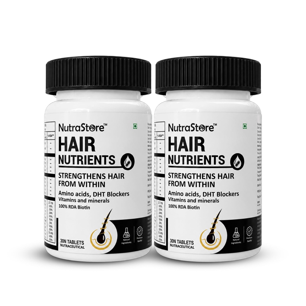 NutraStore Hair Nutrients | Biotin Tablets for hair regrowth support | With Essential Amino Acids, DHT Blockers, Vitamins & Minerals | Support Hair Growth and Strength | Hair Supplement for Men & Women | 30 Tablets | Pack of 2