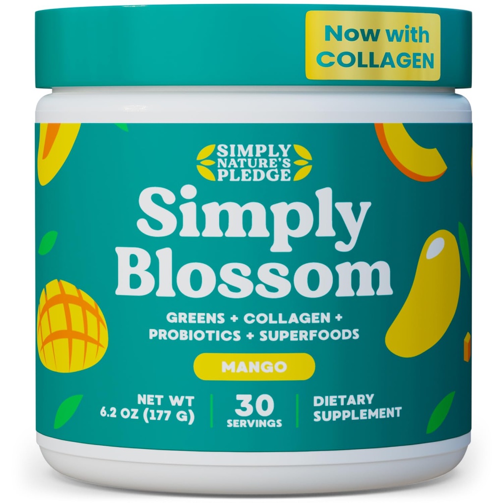 Simply Blossom Nutrition Daily Greens & Superfood Powder + Collagen + Probiotiques pour la santé digestive des femmes & Bloating Relief. Aidez votre santé Bloom - 30 jours d'approvisionnement - Mango