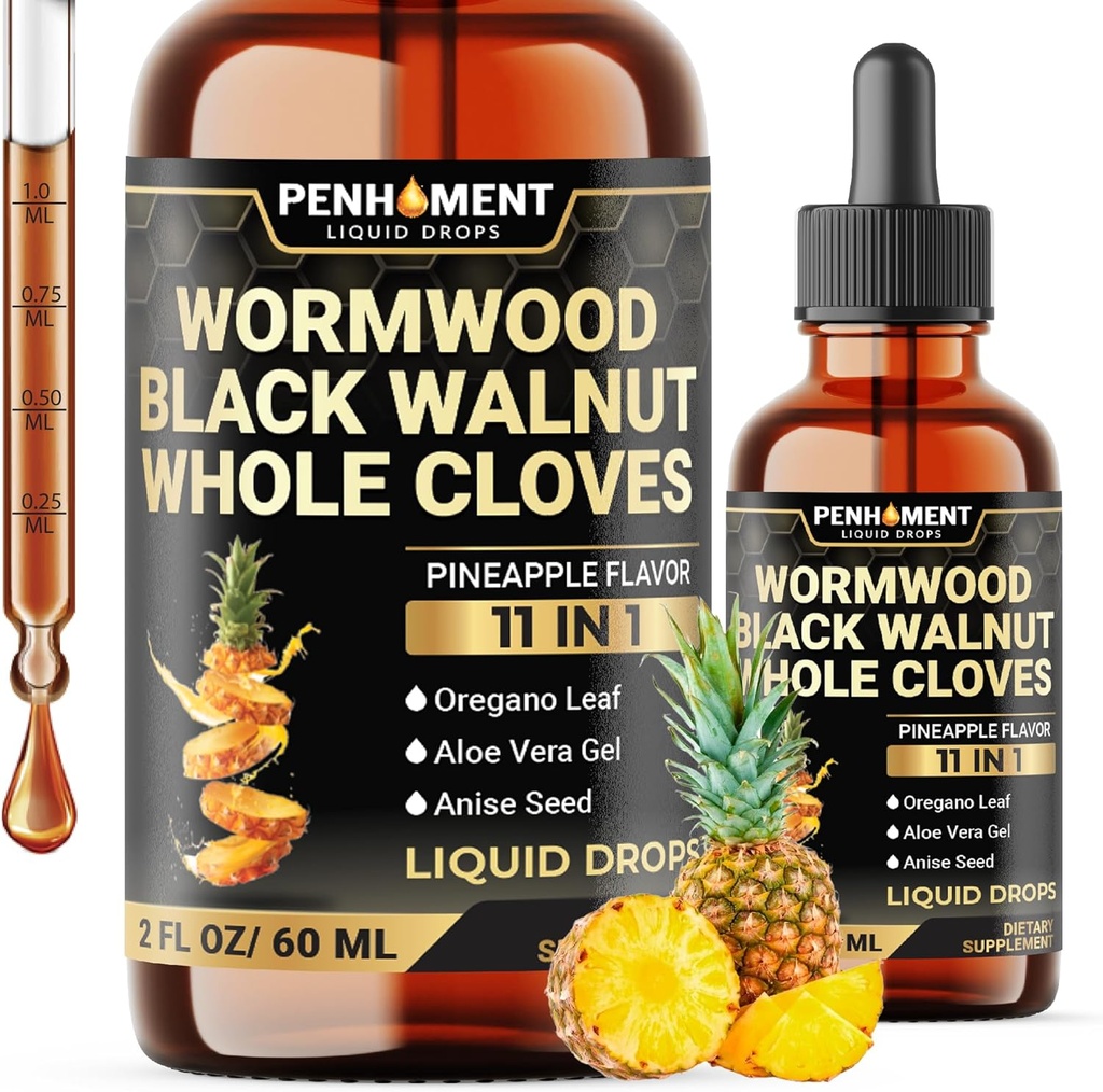 11in1 2100mg Noir Noix de Worm Cloves Teinture, Origan et 7 Plus - Gouttes liquides de wormwood - Pineapple Flavor - 2 FL OZ - 60 jours d'approvisionnement