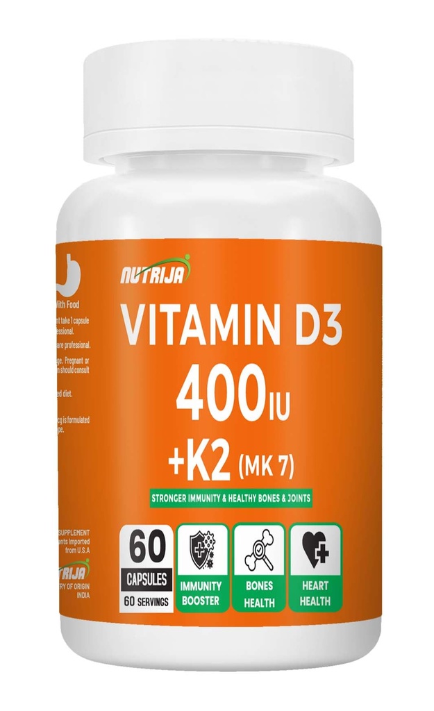 NutriJa Vitamin D3 + K2 as MK7 Supplement 60 capsules - Stronger Immunity, Supports Bones, Joints & Heart Health